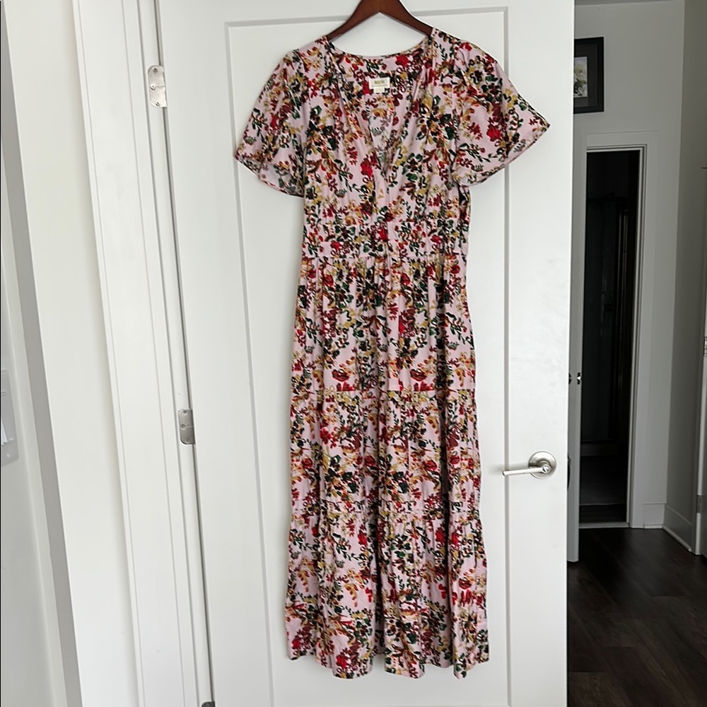 Maeve Pink and Red Flutter Sleeve Maxi Dress